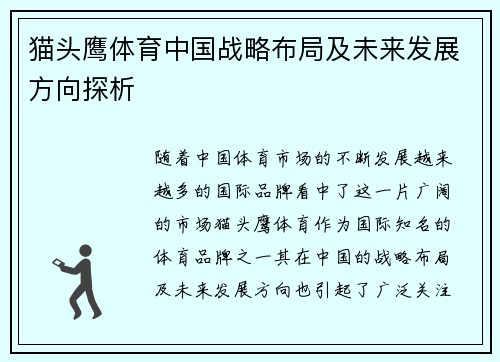 猫头鹰体育中国战略布局及未来发展方向探析